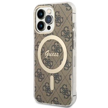 Zestaw Guess GUBPP13LH4EACSW Nabíjačka puzdra iPhone 13 Pro brązowy/hnedé pevné puzdro 4G MagSafe Print