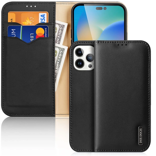 Dux Ducis Hivo Leather Flip Cover Genuine Leather Wallet for Cards and Documents iPhone 14 Pro Max black