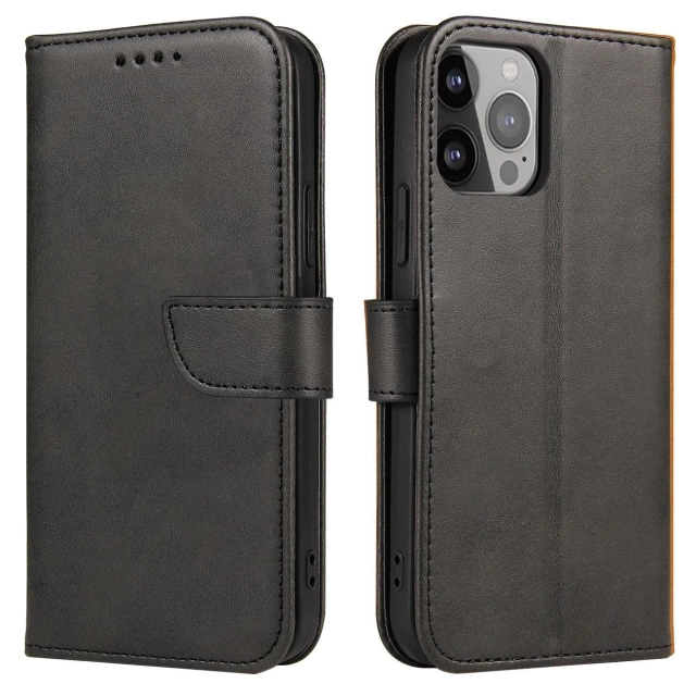 Etui na telefon Magnet Case do iPhone 14 elegancki futerał etui pokrowiec z klapką i funkcją podstawki czarny