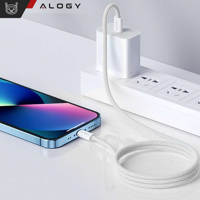 Kabel USB-C typu C silný rychlý PD 2M pro iPhone 15 Alogy nylonový kabel Bílý
