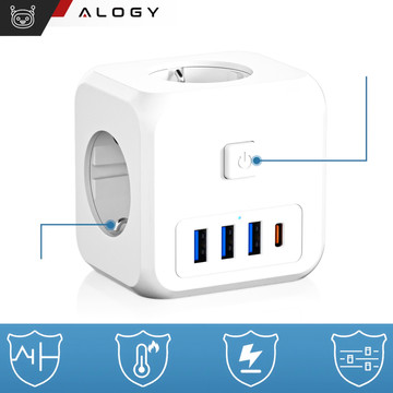 Netzwerk Splitter Splitter Ladegerät Adapter Dieb 3 Steckdosen EU 3x USB USB-C C 7in1 Alogy Weiß