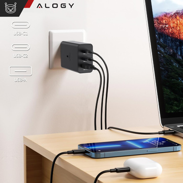 Rýchla 65W nástenná nabíjačka 2x USB-C typ C PD USB-A USB Alogy 3 porty silná čierna