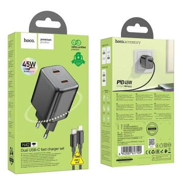 HOCO Wandladegerät 2 x Typ-C-Kabel Typ C zu Lightning PD QC 45W GaN Schwarz