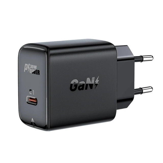 Зарядний пристрій Acefast GaN 30W USB-C PD QC 3.0, чорний, чорний