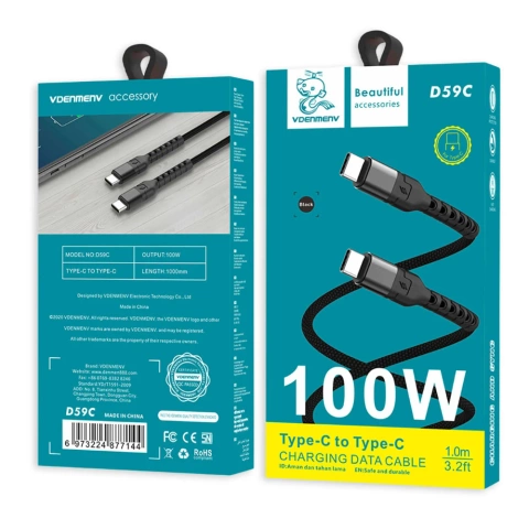 Nabíjací kábel Denmen USB-C na USB-C 100W 1m, rýchlonabíjací, čierny