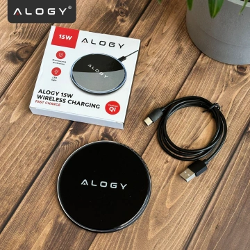 QI бездротовий індуктивний зарядний пристрій 15 Вт швидкий LED Alogy круглий для iPhone USB-C кабель Чорний