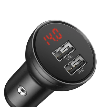 Baseus autonabíjačka 2x USB 4,8A 24W s LCD káblom 3v1 USB - USB Type C / micro USB / Lightning 1,2m čierny (TZCCBX-0G)