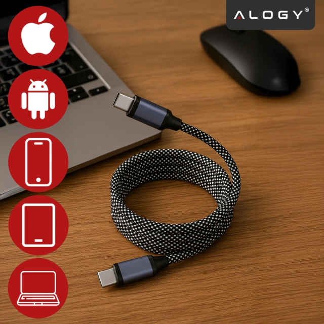 Kabel Zasilający USB-C do USB-C 65W 1m, Szybkie Ładowanie PD, Magnetyczny, Trwały i Elastyczny Przewód Alogy MagiCharge™ – Czarny + Ładowarka Sieciowa 3w1 65W