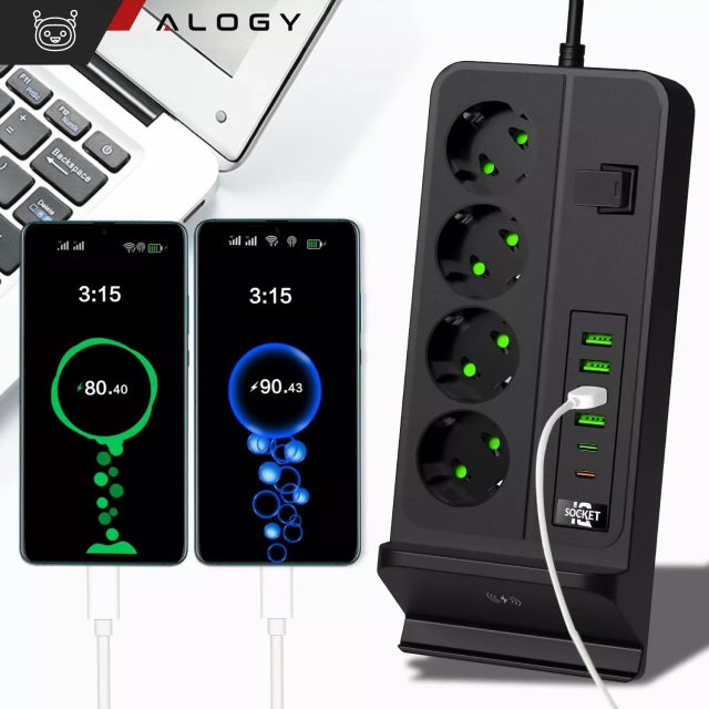 Alogy Plug Extender Socket Splitter Adapter Extension Cord with Qi Inductive Charger 4x EU Plug 4x USB 2x USB-C Black