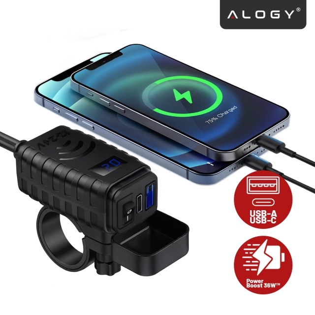 Motocyklová nabíjačka Alogy MotoCharge Pro™ s displejom, rýchle nabíjanie 36 W PD QC 3.0, porty USB-A a USB-C, vodeodolná a odolná, čierna