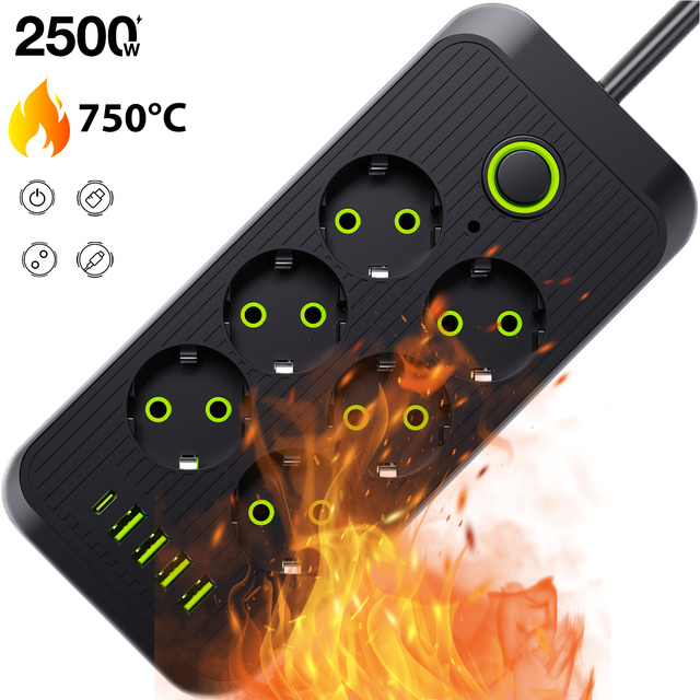 Verlängerungskabel Steckdosenleiste 6 Steckdosen AC EU-Steckdosen 4x USB USB-C Typ C-Steckdosen 2500 W Schwarz