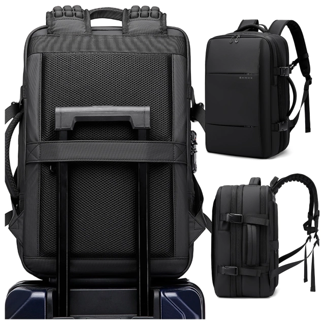 Bange Wasserdichter Laptop-Rucksack für Städtetrips, 46 x 30,5 x 20 cm, erweiterbar für Flugreisen, für Damen und Herren, mit Vakuumfach und Vakuumpumpe, Schwarz