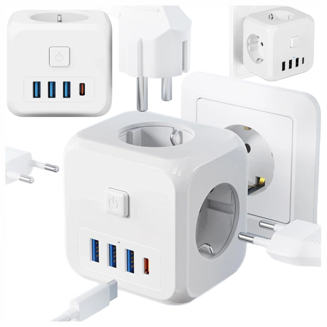 Síťový splitter splitter Adaptér nabíječky zloděj 3 zásuvky EU 3x USB USB-C C 7v1 Alogy Bílá