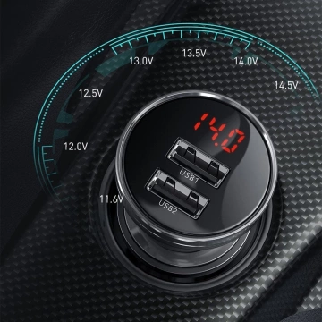 Baseus Autoladegerät 2x USB 4.8A 24W mit LCD Kabel 3in1 USB - USB Type C / Micro USB / Lightning 1.2m schwarz (TZCCBX-0G)