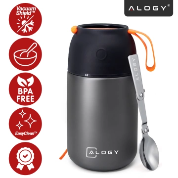 Termos pojemnik obiadowy na jedzenie żywność zupę lód dla dzieci 700ml Alogy ze stali nierdzewnej + składana łyżeczka termiczny szary
