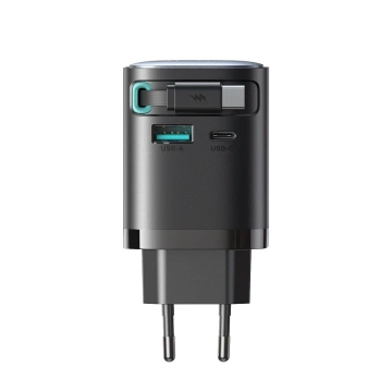 Joyroom JR-TCL02 65W USB-A USB-C GaN nabíjačka so vstavaným USB-C káblom – čierna
