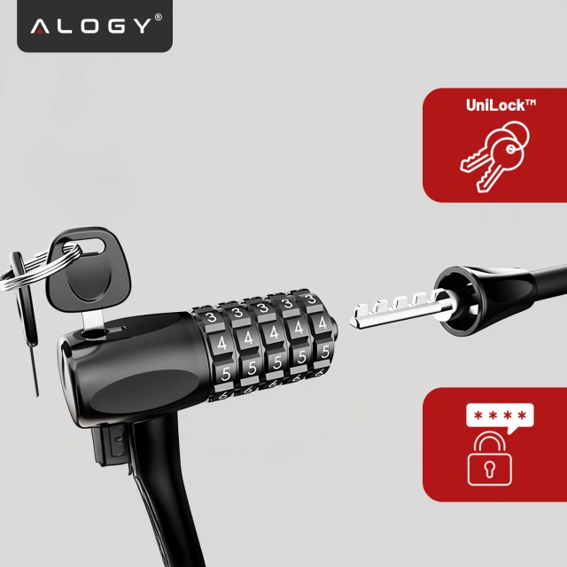 Bike lock, bike lock, strong cable, 120 cm, Alogy bike lock, code, key, black