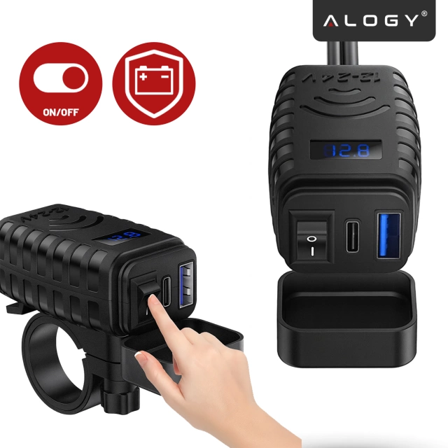 Зарядний пристрій для мотоцикла Alogy MotoCharge Pro™ з дисплеєм, швидка зарядка PD QC 3.0 потужністю 36 Вт, порти USB-A та USB-C, водонепроникний та міцний, чорний