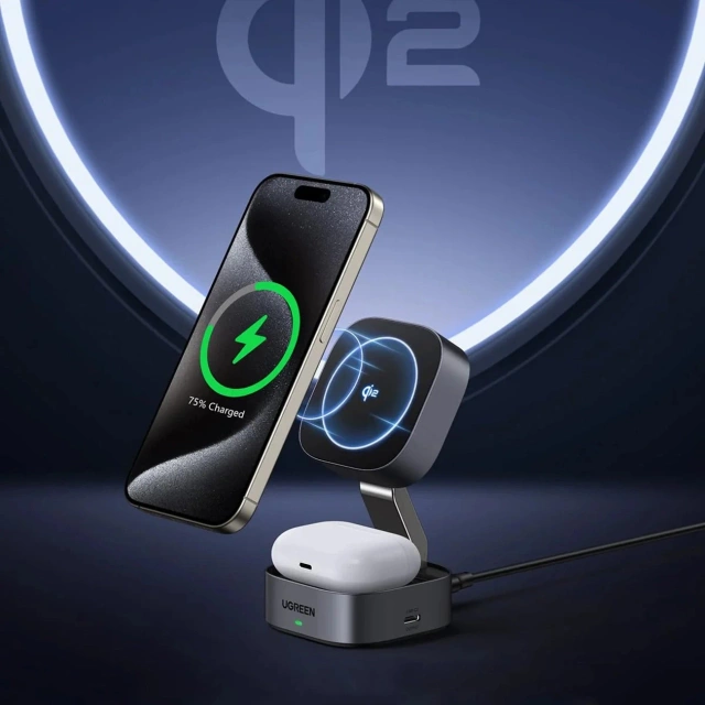 Ugreen W702 3in1 MagSafe Qi2 Ladegerät 15W Faltbar USB-C Schwarz