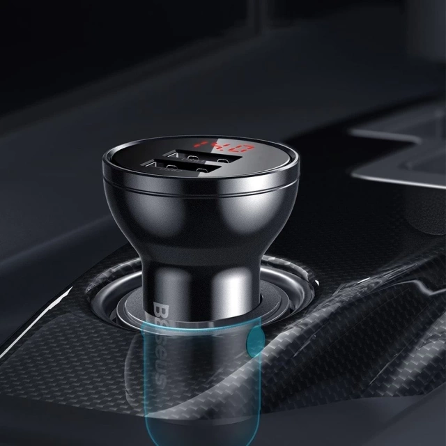 Baseus autonabíjačka 2x USB 4,8A 24W s LCD káblom 3v1 USB - USB Type C / micro USB / Lightning 1,2m čierny (TZCCBX-0G)