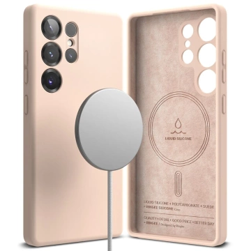 Silikonový pouzdro na Samsung Galaxy S25 Ultra s růžovým pískovým kroužkem a magnetickým MagSafe.