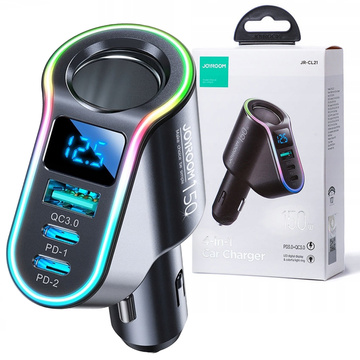 USB QC 3.0 nabíječka do auta 2x USB-C PD 150W rozbočovač JoyRoom Car Charger 4v1 RGB LED černá
