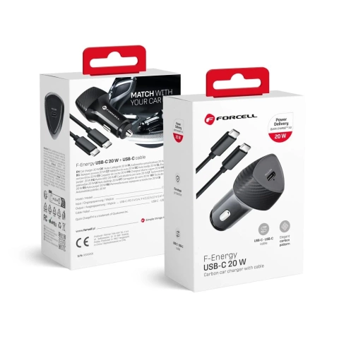 Ładowarka samochodowa Forcell Carbon USB-C PD 20W + kabel USB-C