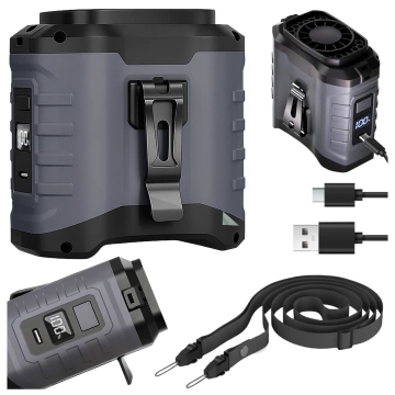 Ventilátor s klipom na opasok, batéria 4000 mAh, 5 rýchlostných stupňov, výdrž batérie 8 – 40 hodín, nabíjanie cez USB, na použitie na stavbách, vonku, na turistiku, na letné práce, powerbanka