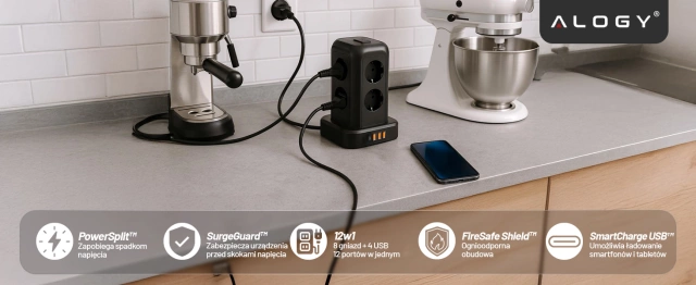 Przedłużacz 12w1 Rozdzielacz wieża ładująca Alogy ChargeTower Pro 2500W 8x gniazdo ładujące 3x USB.A 1x USB.C kabel 1.8m Czarny