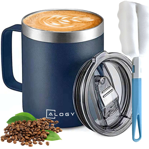 Thermal mug 420ml with handle lid for coffee tea steel cold and warm drinks Alogy navy blue Washing brush