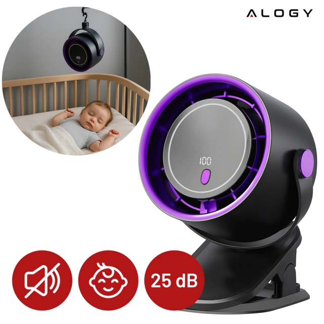 Wiatrak biurkowy ścienny cichy 25dB z klipsem bateria 8H mały 5 trybów wentylator cyrkulator powietrza Alogy ClipFan™ Ciemny Szary