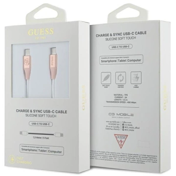 Guess USB-C to USB-C Cable 1.5m, Silicone, Fast Charging, Pink