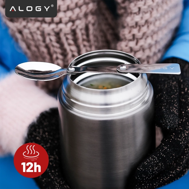 Termos pojemnik obiadowy na jedzenie żywność zupę lód dla dzieci 700ml Alogy ze stali nierdzewnej + składana łyżeczka termiczny szary