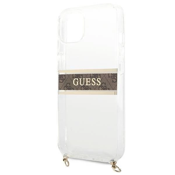Guess GUHCP13SKC4GBGO iPhone 13 mini 5,4" průhledný pevný obal 4G hnědý řemínek zlatý řetízek