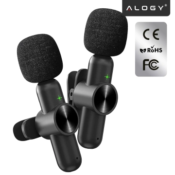 Bezdrôtový mikrofón 2x sada - Lightning pre iPhone, potlačenie hluku, ľahká konštrukcia, dosah až 20 metrov - 2x klopový mikrofón s kožušinovým krytom, slúchadlo na telefón - Alogy DualVoice™ čierny