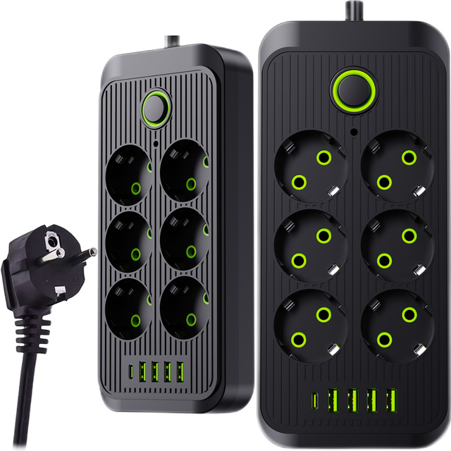 Подовжувач Подовжувач 6 розеток AC EU розетки 4x USB USB-C тип C розетки 2500 Вт чорний
