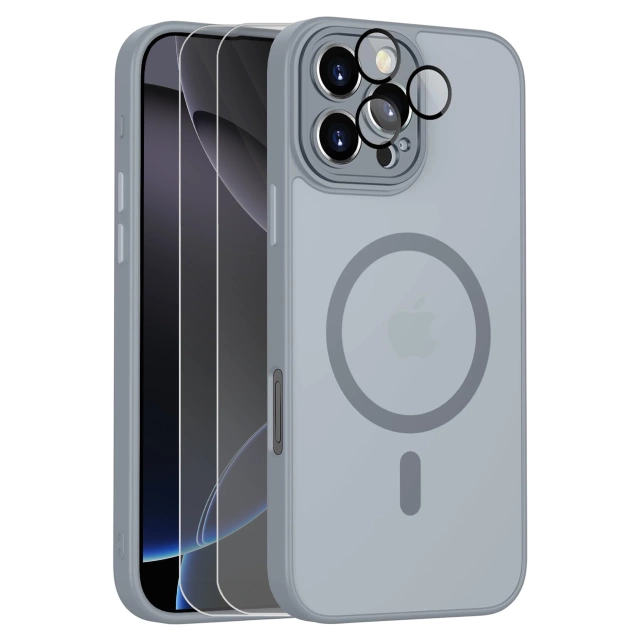 Sada hybridných puzdier 3 v 1 s 2 ochrannými sklami z tvrdeného skla pre Apple iPhone 16 Pro Max, hybridné ochranné puzdro MagSafe s ochranou šošovky, balenie puzdier Alogy 3 v 1, titánovo sivá