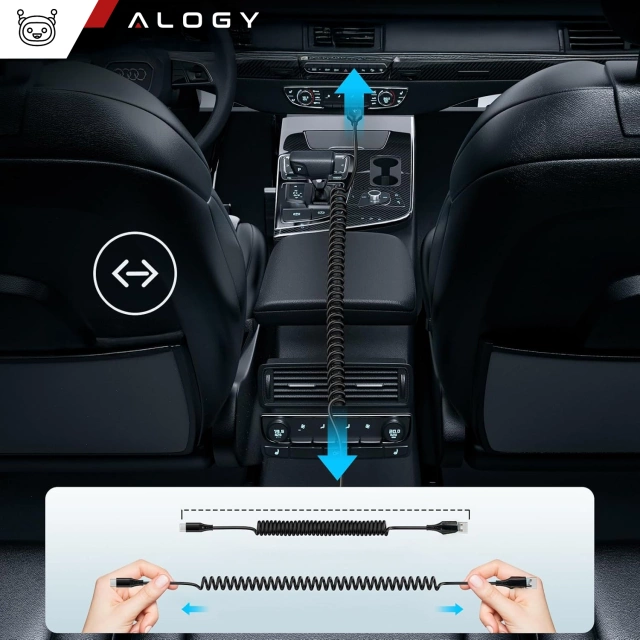 Спіральний автомобільний зарядний кабель Alogy 66W 5A 150cm USB to USB-C чорний