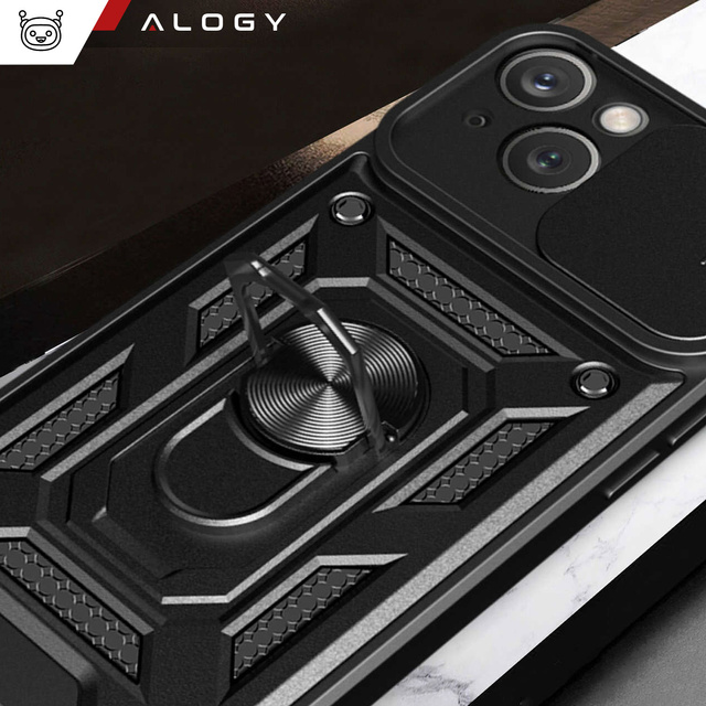 Obrněné pouzdro pro iPhone 15 Camshield Case Ring Alogy Stand s posuvným krytem fotoaparátu, černé
