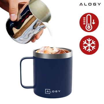 Thermobecher 420 ml mit Griffdeckel für Kaffee, Tee, kalte und warme Getränke aus Stahl, Alogy, Marineblau