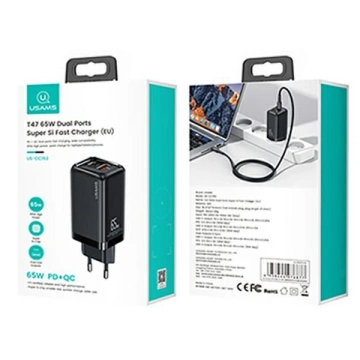 USAMS Wandladegerät 1xUSB-C 1xUSB T47 65W PD Fast Charging Super Si schwarz/schwarz CC153TC01 (US-CC153)