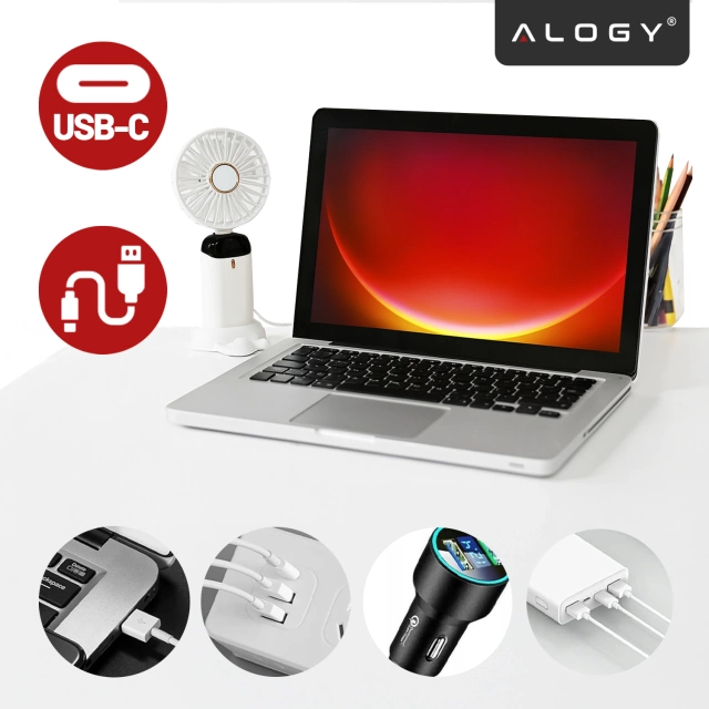 Bezdrôtový prenosný stolný ventilátor Alogy CoolBreeze™ s držiakom na telefón, nabíjaním cez USB-C a batériou 18650 – biely