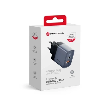 Nabíjačka Forcell GaN 45W USB-C USB-A PD QC SFC do steny, sivá