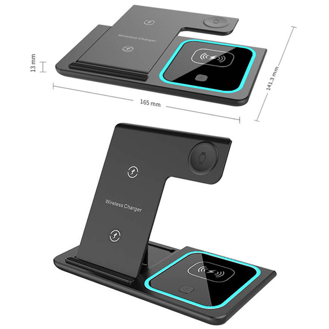 QI 15W 3in1 Induction Wireless Charger Foldable Alogy Docking Station for Apple iPhone / Watch / AirPods Black