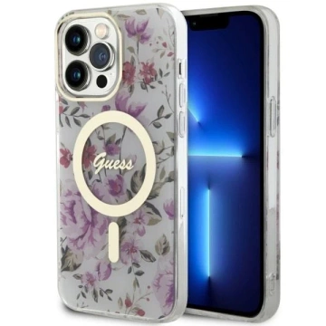 Puzdro na telefón Guess GUHMP14LHCFWST do Apple iPhone 14 Pro 6,1" priehľadné pevné puzdro Flower MagSafe