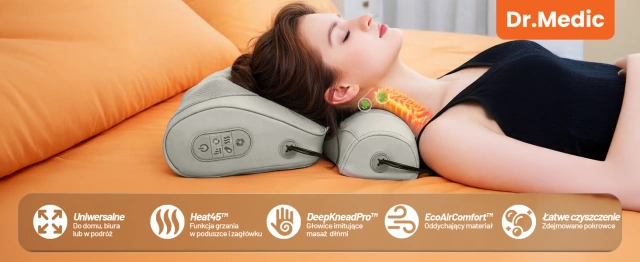Poduszka masująca elektryczna na szyję i kark – masażer z pilotem, funkcja grzania zagłówka, relaks i redukcja napięcia mięśni – Dr.Medic RelaxNeck™