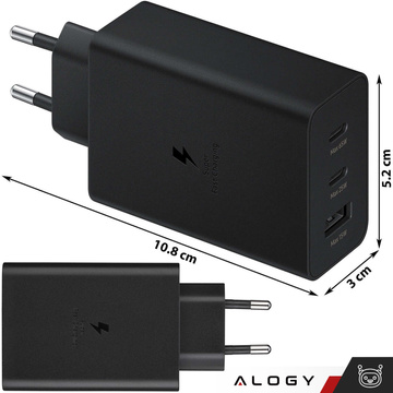 Rýchla 65W nástenná nabíjačka 2x USB-C typ C PD USB-A USB Alogy 3 porty silná čierna