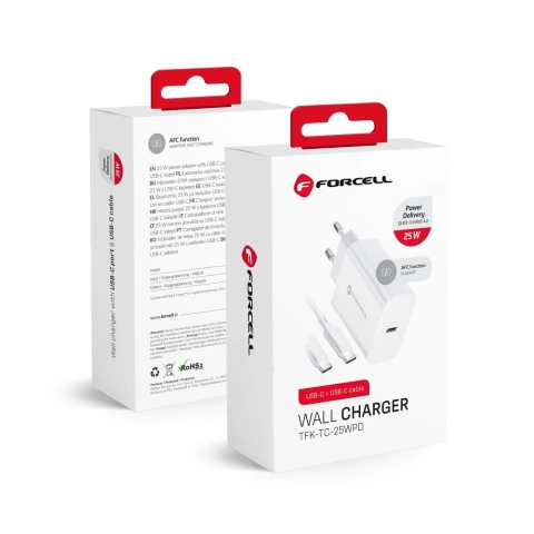 Szybka Ładowarka Forcell 25W PD QC 4.0 USB-C + kabel USB C do USB C biała