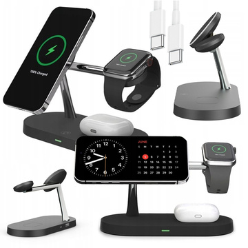 Qi Mag Safe 15W indukční nabíječka pro iPhone Apple Watch AirPods bezdrátová dokovací stanice 5v1 Černá
