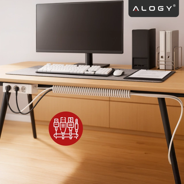 Spring-Loaded Under-Desk Cable Organizer - Flexible Cable Management Cover 50x4 cm, Self-Adhesive, for Organizing Cables - Alogy CableStrip™ White